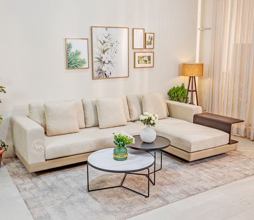 Matrix L-Shape Right Align 5 Seater Premium Sectional Fabric Sofa (Cream Brown)