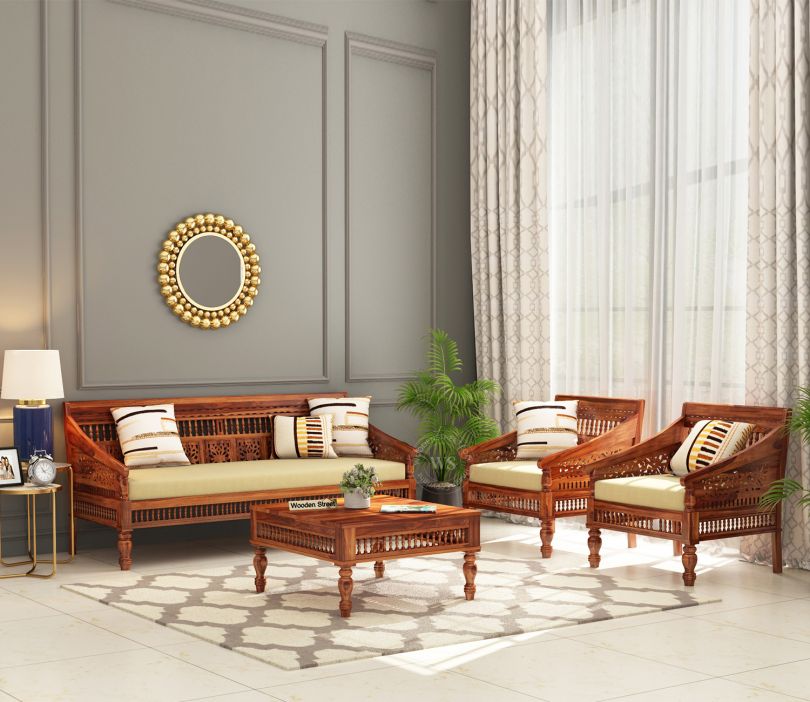 Alanis Wooden Sofa Set (Honey Finish)