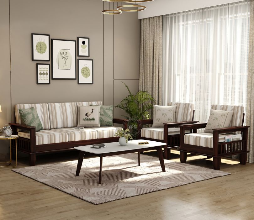 Quartz Printed Fabric Wooden Sofa Set (Walnut Cream Stripe)