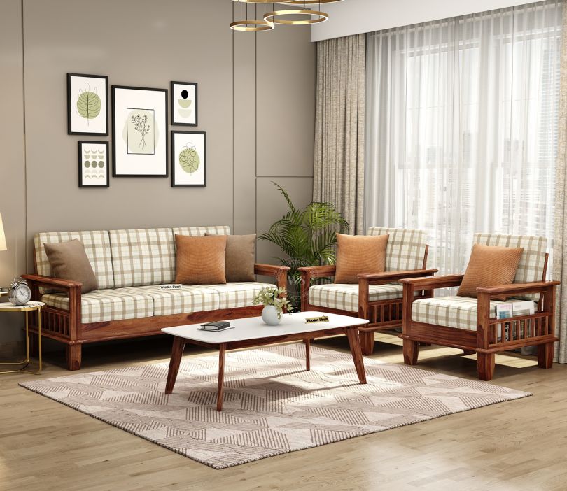 Quartz Printed Fabric Wooden Sofa Set (Honey Cream Checkered)