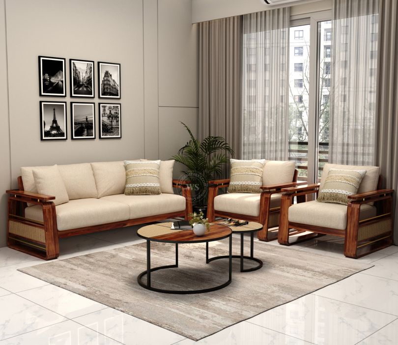Vedic 3+1+1 Sheesham Wood Sofa Set With Cane and Brass Detailing (Teak Finish Jade Ivory)
