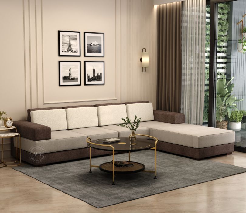 Mishael L-Shaped Right Aligned 6 Seater Fabric Sofa (Beige Brown)