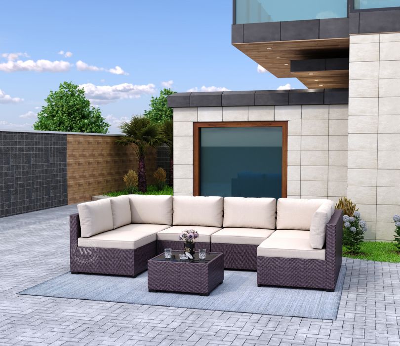 Verra Wicker Modular 6 Seater Outdoor Set With Coffee Table (Beige Brown)