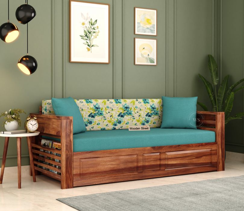 Feltro Sheesham Wood Sofa Bed With Storage (Queen Size Honey Teal Aqua Marine)