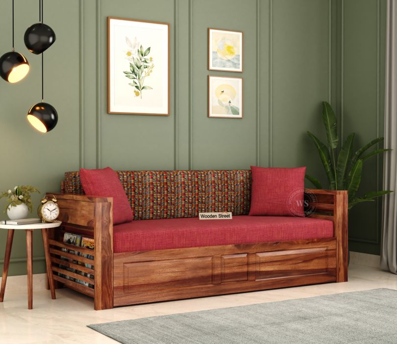 Feltro Sheesham Wood Sofa Bed With Storage (Queen Size Honey Berry Diamonds)