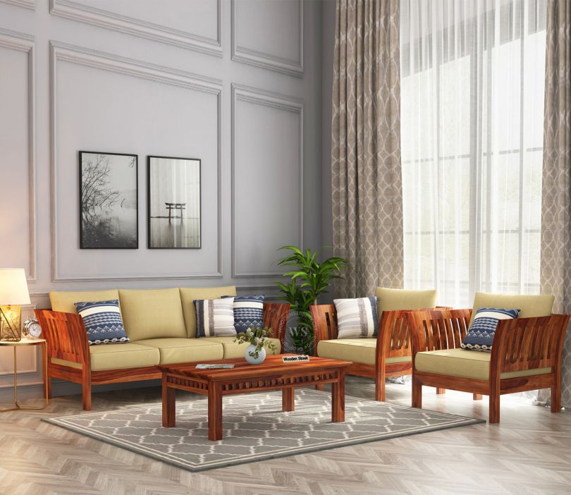 Raiden Wooden Sofa Set with Washable Zipper Cover (Honey Irish Cream)